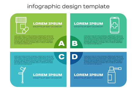 Set line Crutch or crutches, Medicine bottle and pills, Medical bottle with nozzle spray and Emergency mobile phone call to hospital. Business infographic template. Vectorのイラスト素材