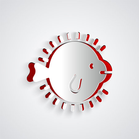 Paper cut Puffer fish icon isolated on grey background. Fugu fish japanese puffer fish. Paper art style. Vectorのイラスト素材