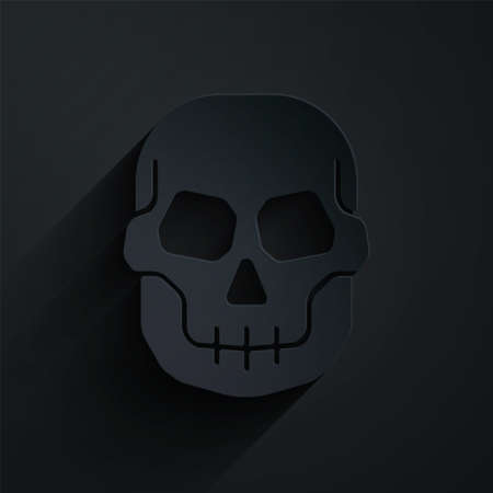 Paper cut Skull icon isolated on black background. Happy Halloween party. Paper art style. Vectorのイラスト素材