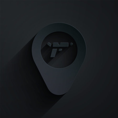 Paper cut Location with weapon icon isolated on black background. Paper art style. Vectorのイラスト素材