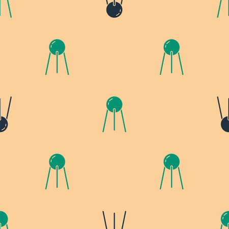 Green and black Satellite icon isolated seamless pattern on beige background. Vectorのイラスト素材