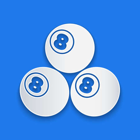 Paper cut Billiard pool snooker ball with number 8 icon isolated on blue background. Paper art style. Vectorのイラスト素材
