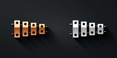 Gold and silver Xylophone - musical instrument with thirteen wooden bars and two percussion mallets icon isolated on black background. Long shadow style. Vectorのイラスト素材