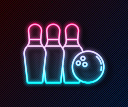 Glowing neon line Bowling pin and ball icon isolated on black background. Sport equipment. Vectorのイラスト素材