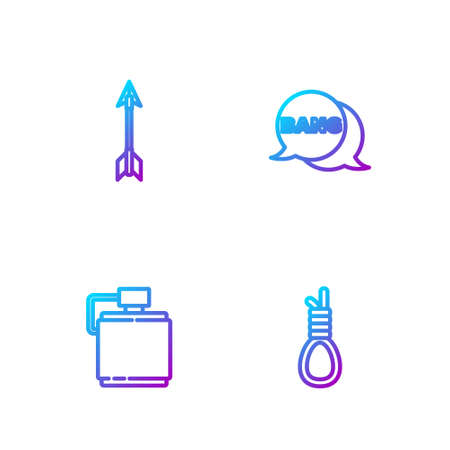 Set line Gallows rope loop hanging, Canteen water bottle, Crossed arrows and Bang boom, gun Comic. Gradient color icons. Vectorのイラスト素材