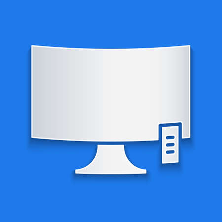 Paper cut Smart Tv icon isolated on blue background. Television sign. Paper art style. Vector Illustrationのイラスト素材