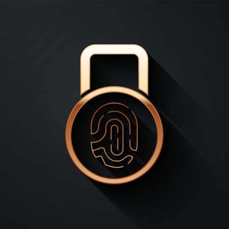 Gold Fingerprint with lock icon isolated on black background. ID app icon. Identification sign. Touch id. Long shadow style. Vectorのイラスト素材