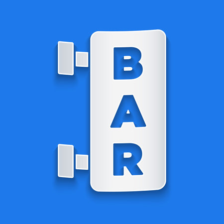 Paper cut Street signboard with inscription Bar icon isolated on blue background. Suitable for advertisements bar, cafe, restaurant. Paper art style. Vectorのイラスト素材