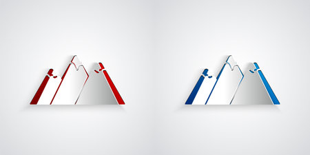 Paper cut Mountains icon isolated on grey background. Symbol of victory or success concept. Paper art style. Vectorのイラスト素材