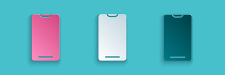 Paper cut Smartphone, mobile phone icon isolated on blue background. Paper art style. Vector...