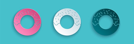 Paper cut Donut with sweet glaze icon isolated on blue background. Paper art style. Vector Illustrationのイラスト素材