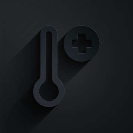Paper cut Meteorology thermometer measuring icon isolated on black background. Thermometer equipment showing hot or cold weather. Paper art style. Vectorのイラスト素材