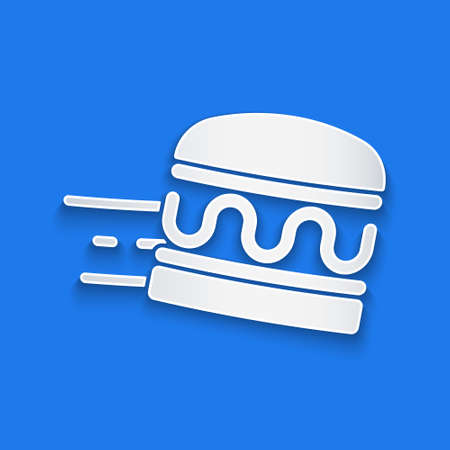 Paper cut Online ordering and burger delivery icon isolated on blue background. Paper art style. Vectorのイラスト素材