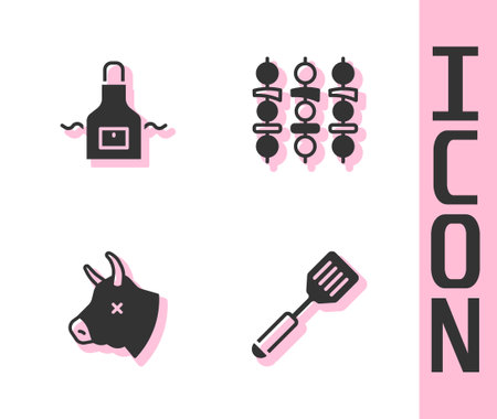 Set Spatula, Kitchen apron, Cow head and Grilled shish kebab icon. Vectorのイラスト素材