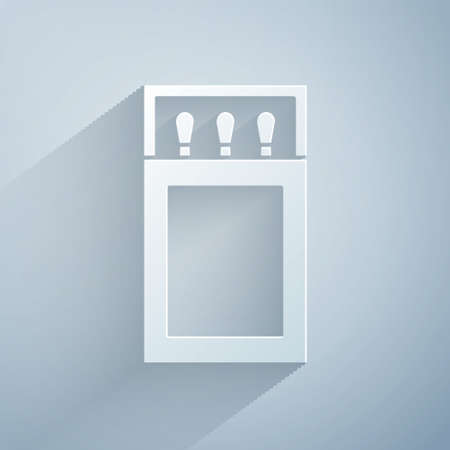 Paper cut Open matchbox and matches icon isolated on grey background. Paper art style. Vectorのイラスト素材
