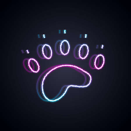 Glowing neon line Bear paw footprint icon isolated on black background. Vectorのイラスト素材