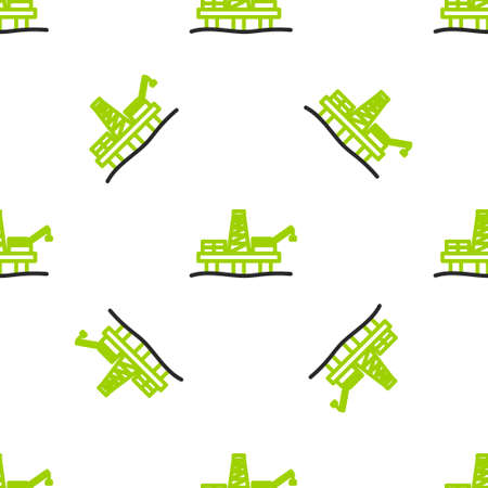 Line Oil platform in the sea icon isolated seamless pattern on white background. Drilling rig at sea. Oil platform, gas fuel, industry offshore. Vector Illustrationのイラスト素材