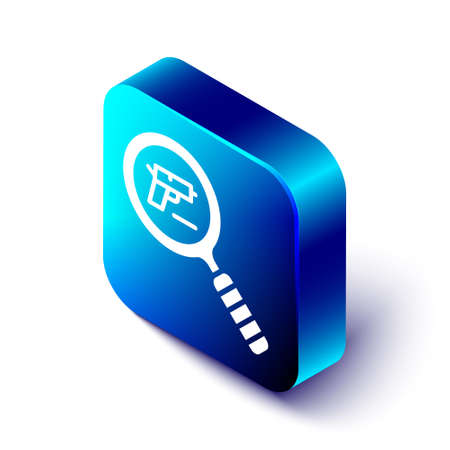 Isometric Pistol or gun search icon isolated on white background. Police or military handgun. Small firearm. Blue square button. Vectorのイラスト素材