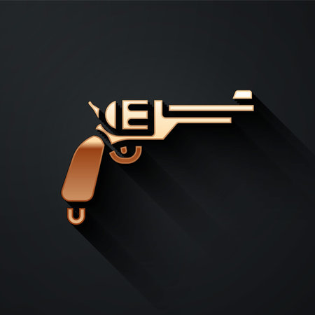 Gold Revolver gun icon isolated on black background. Long shadow style. Vector.のイラスト素材