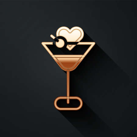 Gold Martini glass icon isolated on black background. Cocktail icon. Wine glass icon. Long shadow style. Vectorのイラスト素材