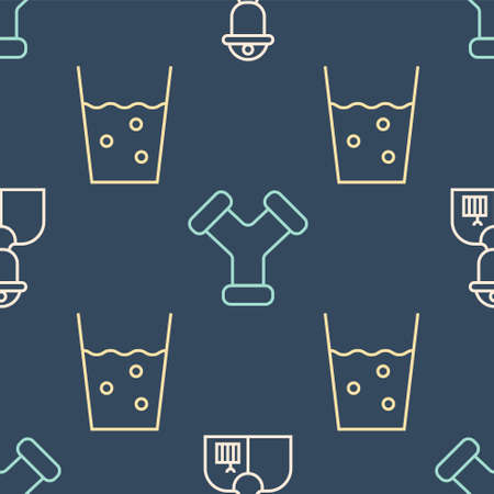 Set line Plumber, Glass with water and Industry metallic pipe on seamless pattern. Vectorのイラスト素材
