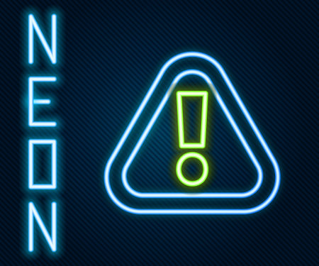 Glowing neon line Exclamation mark in triangle icon isolated on black background. Hazard warning sign, careful, attention, danger warning important. Colorful outline concept. Vector Illustrationのイラスト素材