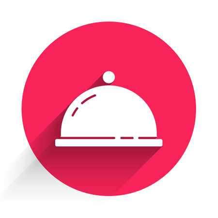 White Covered with a tray of food icon isolated with long shadow. Tray and lid sign. Restaurant cloche with lid. Red circle button. Vectorのイラスト素材