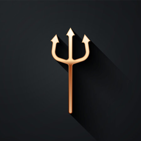 Gold Neptune Trident icon isolated on black background. Happy Halloween party. Long shadow style....