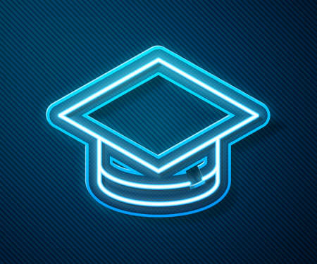 Glowing neon line Graduation cap icon isolated on blue background. Graduation hat with tassel icon. Vectorのイラスト素材