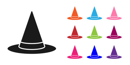 Black Witch hat icon isolated on white background. Happy Halloween party. Set icons colorful. Vectorのイラスト素材