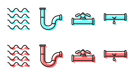 Set line Industry pipe and valve, Wave, Industry metallic pipe and Broken pipe with leaking water icon. Vectorのイラスト素材