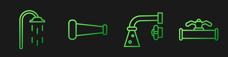 Set line Water tap, Shower, Industry metallic pipe and Industry pipe and valve. Gradient color icons. Vectorのイラスト素材