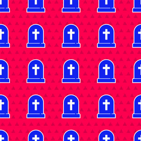 Blue Tombstone with cross icon isolated seamless pattern on red background. Grave icon. Happy Halloween party. Vectorのイラスト素材