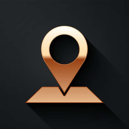 Gold Map pin icon isolated on black background. Navigation, pointer, location, map, gps, direction, place, compass, search concept. Long shadow style. Vectorのイラスト素材