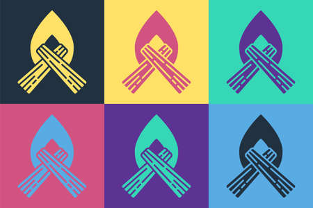 Pop art Campfire icon isolated on color background. Burning bonfire with wood. Vectorのイラスト素材