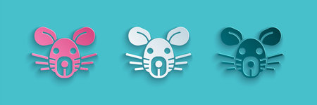 Paper cut Rat head icon isolated on blue background. Mouse sign. Animal symbol. Paper art style....