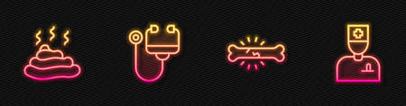 Set line Bone pain, poop, Stethoscope and Male doctor. Glowing neon icon. Vectorのイラスト素材