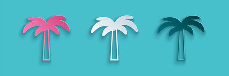Paper cut Tropical palm tree icon isolated on blue background. Coconut palm tree. Paper art style....