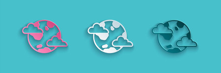 Paper cut Earth planet with clouds icon isolated on blue background. Earth globe with atmosphere...