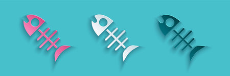 Paper cut Dead fish icon isolated on blue background. Paper art style. Vectorのイラスト素材