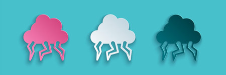 Paper cut Storm icon isolated on blue background. Cloud and lightning sign. Weather icon of storm. Paper art style. Vectorのイラスト素材