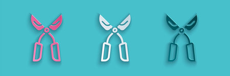 Paper cut Gardening handmade scissors for trimming icon isolated on blue background. Pruning shears...