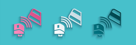 Paper cut POS terminal with inserted credit card and printed reciept icon isolated on blue...
