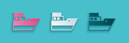 Paper cut Ship line icon isolated on blue background. Paper art style. Vectorのイラスト素材