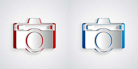 Paper cut Photo camera icon isolated on grey background. Photo camera icon. Paper art style. Vectorのイラスト素材