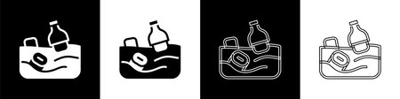 Set The problem of pollution of the ocean icon isolated on black and white background. The garbage, plastic, bags on the sea. Vectorのイラスト素材