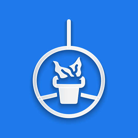 Paper cut Plant in hanging pot icon isolated on blue background. Decorative macrame handmade hangers for flower pot, hang indoor plants. Paper art style. Vectorのイラスト素材