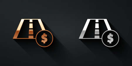 Gold and silver Toll road traffic sign. Signpost icon isolated on black background. Pointer symbol. Street information sign. Direction sign. Long shadow style. Vectorのイラスト素材