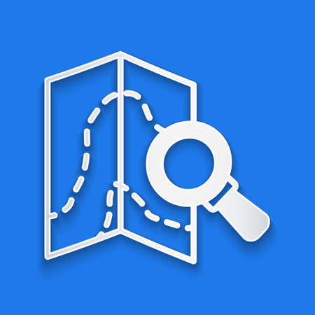 Paper cut Search location icon isolated on blue background. Magnifying glass with pointer sign. Paper art style. Vectorのイラスト素材