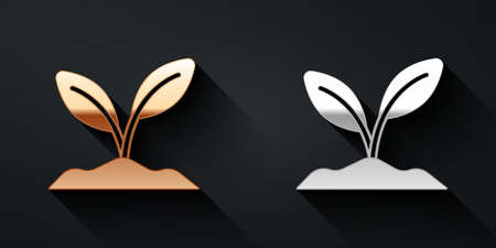 Gold and silver Sprout icon isolated on black background. Seed and seedling. Leaves sign. Leaf nature. Long shadow style. Vectorのイラスト素材